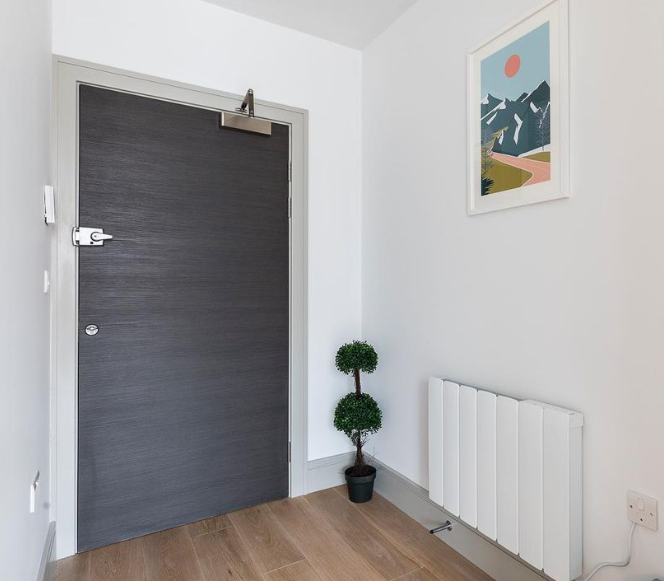 an image of a grey apartment door and white wall with painting