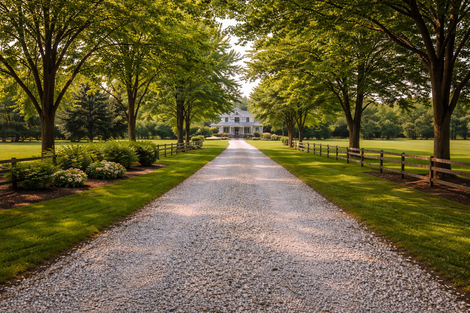 An image of a gravel driveway leading up to a house