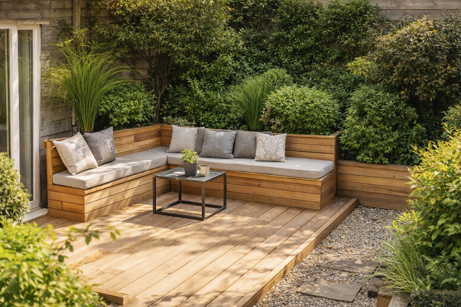 Decking with furniture and planters