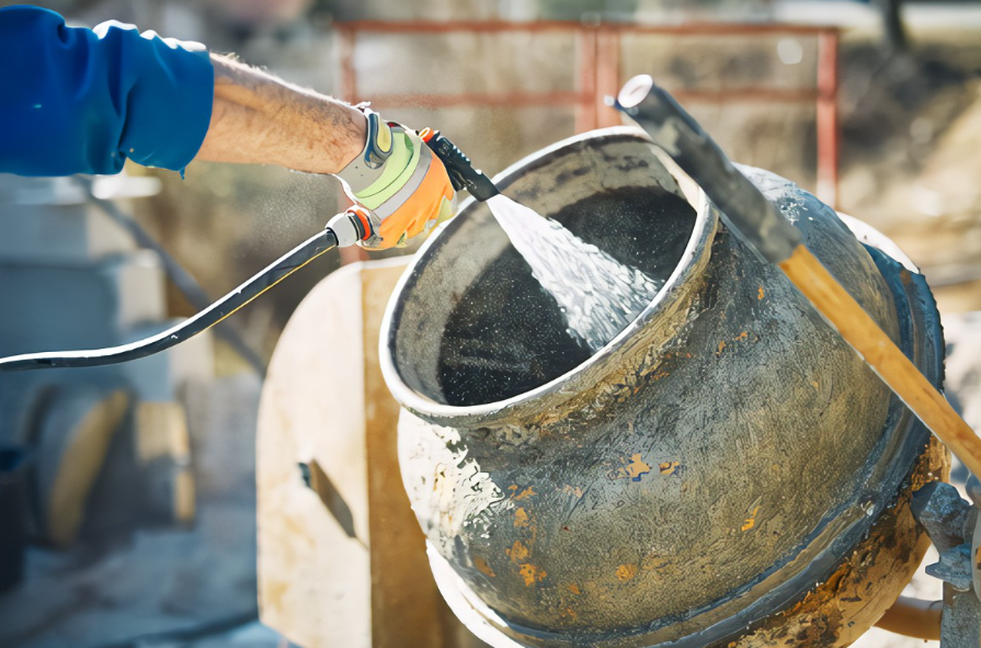 an image of a man cleaning cement mixer with hose