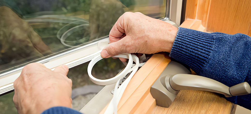 an image of someone applying draught strips to window