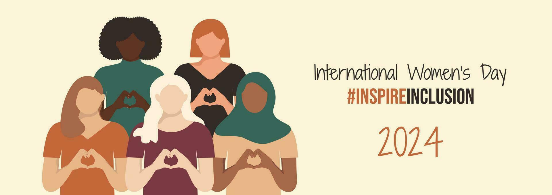 A banner of cartoon images doing a heart symbol with their hands, women of all cultures and colours, with the words international womens day, inspire inclusion, 2024, copied to the right of the cartoon women.