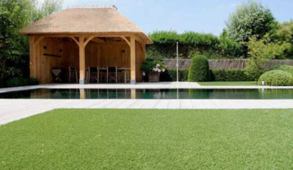 a scenic image of a gondola and pool with artificial grass