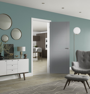 An image showing the Palermo Internal Storm Grey Door fully open in a living room with turqoise walls, white unit and light oak flooring.