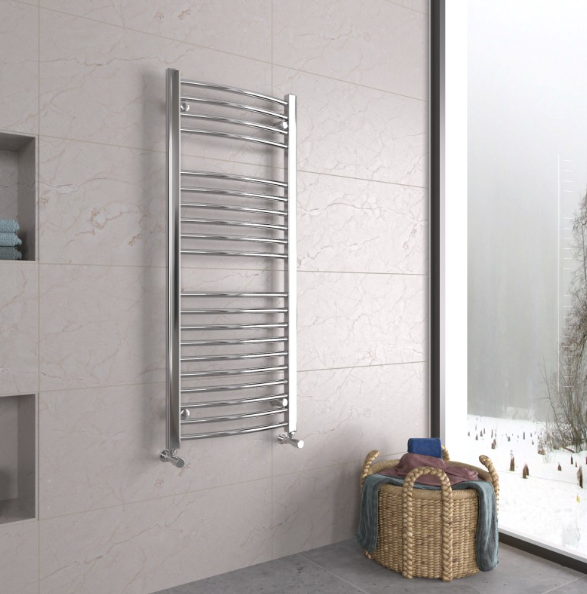 an image of a stainless steel towel rail in a white bathroom.