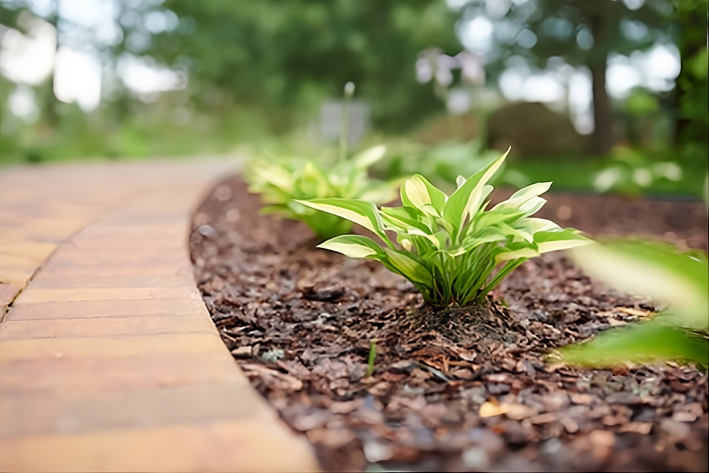 Plant peeking through some bark chippings in a garden, with paving next to it.